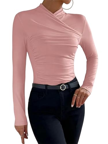 HEXHUASR Hemd Frauen Cross V Neck T-Shirt Frühling Sommer Langarm Slim Fit Pullover-Rosa-XL von HEXHUASR