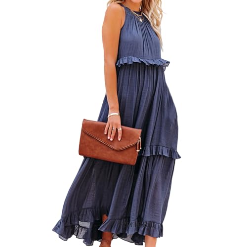 HEXHUASR Kleid Sommerresortstil Gekräuseltes Langes Kleid Mit Breitem Saum Und Elegantem Strandrock Für Frauen-blau-s von HEXHUASR