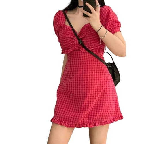 HEXHUASR Sommerkleid Damen Sommer Grüne Rose Rot Karierte Kleid Große Frauen Süße Taillenkleider Kleidung Partykleider-Rose Red Short Style-M von HEXHUASR