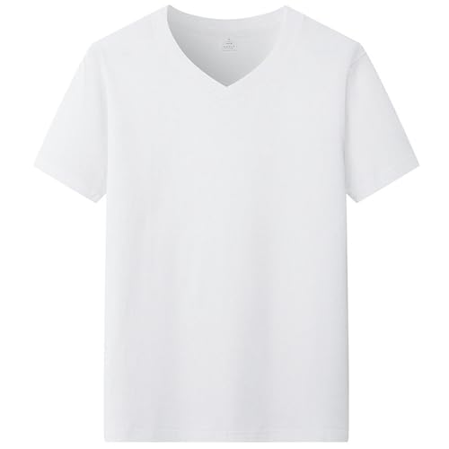 HEXHUASR T-Shirts Für Herren Baumwoll V-Ausschnitt T-Shirt Herren Kurzärmelig Mit Festem Farbböden Hemd Schwarz Und Weiß Graues T-Shirt Sommer-weiß-3xl von HEXHUASR