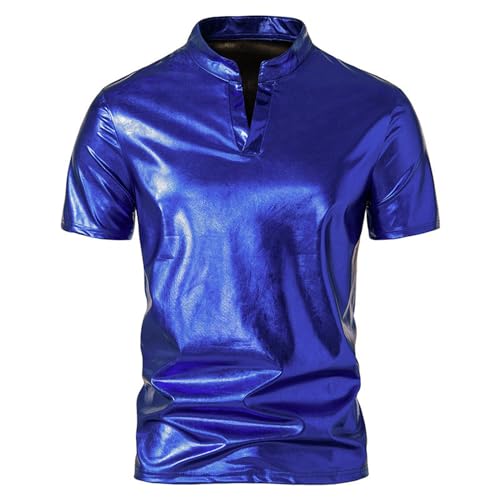 HEXHUASR T-Shirts Für Herren Frühlings- Und Sommer-herrenfarbe Glänzend Mit Kurzärztem T-Shirt Herren-Nachtclub- Blau-2xl von HEXHUASR