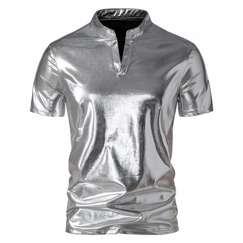 HEXHUASR T-Shirts Für Herren Frühlings- Und Sommer-herrenfarbe Glänzend Mit Kurzärztem T-Shirt Herren-Nachtclub-Silber-l von HEXHUASR