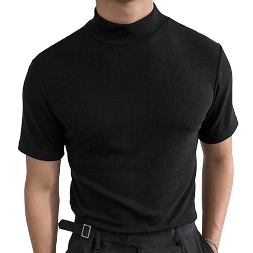HEXHUASR T-Shirts Für Herren Herren Sommer Feste Farbe Kurzärmeliges Modeboden-Hemd Herren-Rollkragenpullover T-Shirt-schwarz-l von HEXHUASR