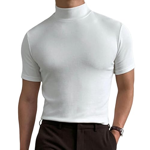 HEXHUASR T-Shirts Für Herren Herren Sommer Feste Farbe Kurzärmeliges Modeboden-Hemd Herren-Rollkragenpullover T-Shirt-weiß-XL von HEXHUASR