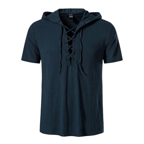HEXHUASR T-Shirts Für Herren Sommer -herrenfarbhemd Kurzärmeliges Hemd Baumwolle Krawatte Kapuze -Strand -Yoga -Hemd Kapuze Hemd Mit Kapuze-blau-XL von HEXHUASR