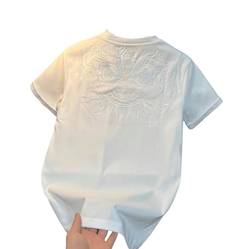 HEXHUASR T-Shirts Für Herren Windwaching Lion Sticked Kurzärmeligter Männer Sommer Lässig Halbärmelig T-Shirt Bottoming-Hemd-weiß-XL von HEXHUASR