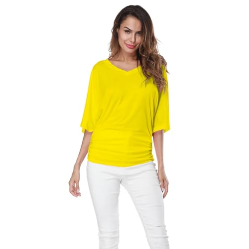 HEXHUASR T-Shirts für Damen Frauen V-Ausschnitt Kurzarm Plissee Lose T-Shirts Sommer Lady Batwing Ärmel Oversized S-5xl Tee Shirt Tops-gelb-XL von HEXHUASR