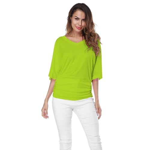 HEXHUASR T-Shirts für Damen Frauen V-Ausschnitt Kurzarm Plissee Lose T-Shirts Sommer Lady Batwing Ärmel Oversized S-5xl Tee Shirt Tops-grün-XL von HEXHUASR