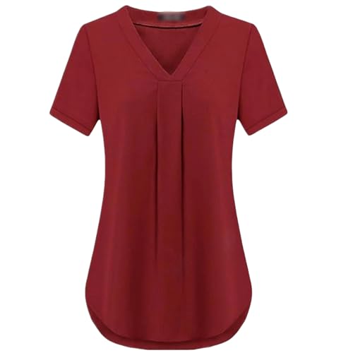 HEXHUASR T-Shirts für Damen Sommer Damenbekleidung Casua V-Ausschnitt Kurzarm Shirt Einfarbig Lose Plissee Chiffon T-Shirt S-6xl-claret-m von HEXHUASR