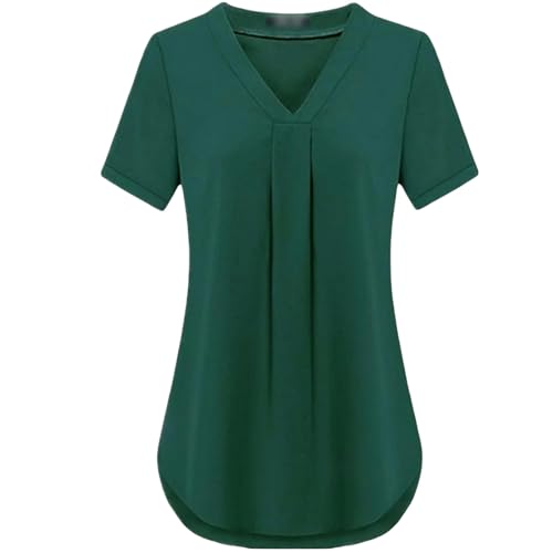 HEXHUASR T-Shirts für Damen Sommer Damenbekleidung Casua V-Ausschnitt Kurzarm Shirt Einfarbig Lose Plissee Chiffon T-Shirt S-6xl-grün-3xl von HEXHUASR