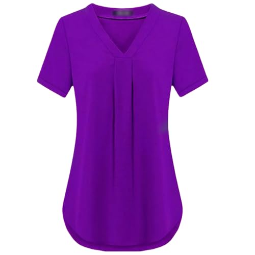 HEXHUASR T-Shirts für Damen Sommer Damenbekleidung Casua V-Ausschnitt Kurzarm Shirt Einfarbig Lose Plissee Chiffon T-Shirt S-6xl-lila-m von HEXHUASR