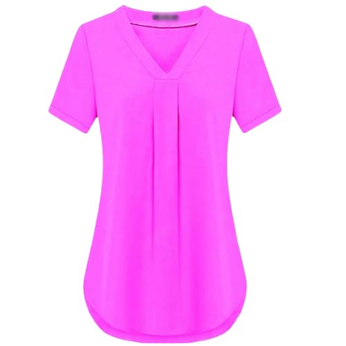 HEXHUASR T-Shirts für Damen Sommer Damenbekleidung Casua V-Ausschnitt Kurzarm Shirt Einfarbig Lose Plissee Chiffon T-Shirt S-6xl-rose-xl von HEXHUASR
