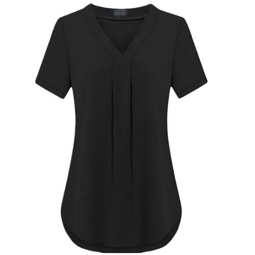 HEXHUASR T-Shirts für Damen Sommer Damenbekleidung Casua V-Ausschnitt Kurzarm Shirt Einfarbig Lose Plissee Chiffon T-Shirt S-6xl-schwarz-m von HEXHUASR