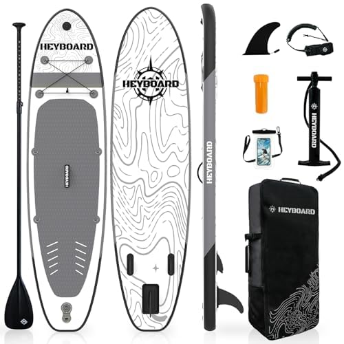 HEYBOARD Sup Board, Stand Up Paddling Board, Paddle Board, Aufblasbares Paddleboard Surfboard Wassersport, Pumpe, Rucksack, Fiberglas Paddel, Leash, 320 x81 x15CM, Streifen grau von HEYBOARD