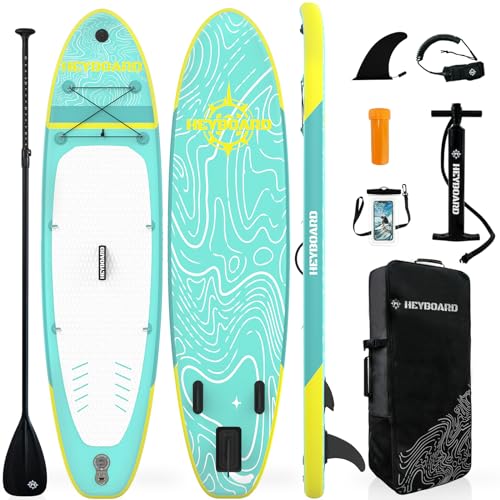 HEYBOARD Sup Board, Stand Up Paddling Board, Paddle Board, Aufblasbares Paddleboard Surfboard Wassersport, Pumpe, Rucksack, Fiberglas Paddel, Leash, 320 x81 x15CM, Streifen mintgrün von HEYBOARD