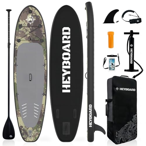 HEYBOARD Aufblasbares SUP Board, Stand Up Paddle Board 320x81x15cm mit Premium Zubehör inklusive Rucksack, verstellbarem Paddel, Handpumpe, Leine, Abnehmbarer Flosse, Tarnung von HEYBOARD