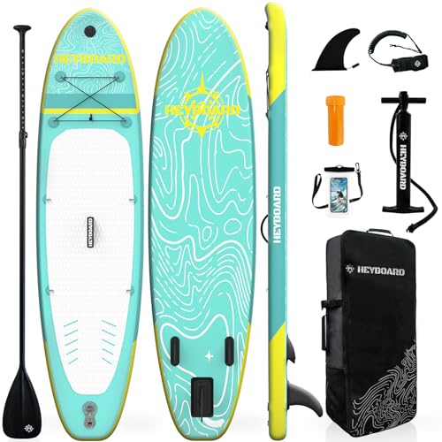 HEYBOARD Aufblasbares Stand-Up-Paddle-Board mit SUP-Zubehör und Rucksack, rutschfestes Deck-Leine, Handpumpe, Kamerahalterung für Erwachsene, Minzgrün, gemustert, 3 m x 81 cm x 15 cm von HEYBOARD