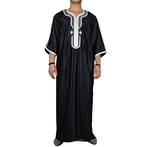 Islam Kleidung für Herren Abaya Mittellange Ärmel Jubba Thobe für Herren Kaftan Pakistan Muslim Saudi-Arabien Djellaba Gebetsrobe Schwarz 4XL von HEYDHSDC