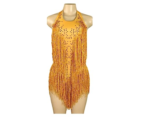 Sparkly Crystals Fransen Bodysuit Sexy Quaste Trikot Jazz Dance Kostüm Einteiler Bühnenkleidung Golden L von HEYDHSDC