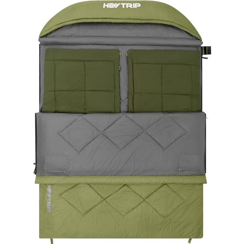 HEYTRIP Doppelschlafsack mit Decke, Queen-Size-Größe, 2-Personen-Schlafsack für Erwachsene, 20-Grad-Schlafsack für Paare, Grün von HEYTRIP
