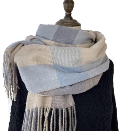 HGJH Schal Damen,Winterschals Kontrastmode Gitterquaste Weicher Warmer Schal Dicke Decke Grau Blau Der Weiche Haptik-Schal Winterschal Trendige Stola-Schals Für Frauen Mädchen von HGJH