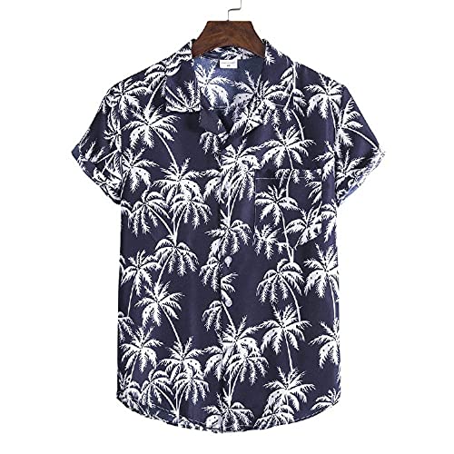 Hawaii Hemd, Lässige Leinenhemden Herren Kokosnussbaum Weiß Bedruckt Dunkelblau Hawaiihemd Anzug Kragen Button Down Top Ethno-Stil Kurzarmhemden Für Herren Beach,XL von HGJH