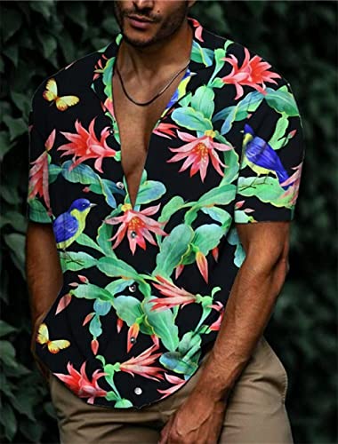 Hawaii Hemd, Lässige Sommerhemden Grüne Blätter Blumendruck Schwarz Hawaiihemd Kubakragen Kurzarmhemd Button Down Top Weiches Herren Strandhemd Für Herren XL von HGJH