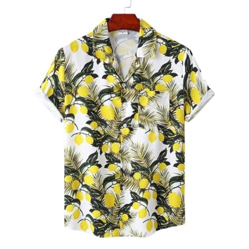 Hawaii Hemd Männer, Funky Shirt Lemon Leaves Print Hawaiihemd Kubakragen Weiß Kurzarmhemd Button Down Front Top Weiches Herren Strandhemd Für Herren,L von HGJH