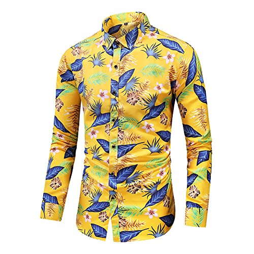 Hawaii Hemd Männer, Herren Langarmhemd Blaue Blätter Weiße Blumen Bedrucktes Hawaiihemd Gelb Langarm Knopf Lässiger Kuba-Kragen Stranddruck Herren Langarmhemd,XL von HGJH