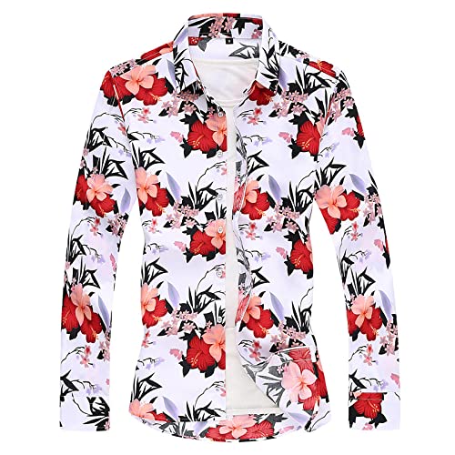 Hawaii Hemd Männer, Herren-Langarmhemd Große Größe Rote Blumen Blüten Bedrucktes Hawaii-Hemd Weißes Langarm-Knopf Lässiges Kuba-Kragen-Strand-Druck Herren-Langarmhemd, 6XL von HGJH