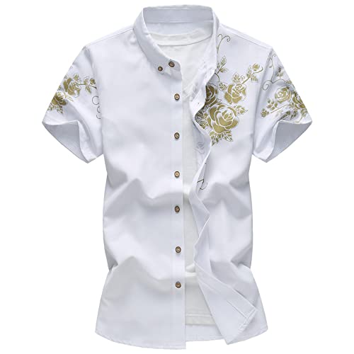 Hawaii Hemd Männer, Lässige Sommerhemden Mit Goldenem Blumendruck Weißes Hemd Kent-Kragen Button-Down-Top Im Chinesischen Stil Gemütliche Kurzarmhemden Für Männer Arbeit Büro,S von HGJH