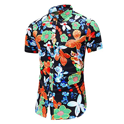 Hawaii Hemd Männer, Leinenhemden Übergröße Casual Blätter Blumen Druck Schwarz Hawaiihemd Anzug Kragen Button Down Top Ethno-Stil Kurzarmhemden Für Herren Beach,7XL von HGJH