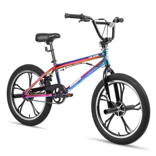 Hiland 20 Zoll 5 Speichen Kinder BMX Fahrrad für Jungen Mädchen ab 7 8 9 10 Jahre alt, 360 Grad Rotor Freestyle, 4 Pegs Single Speed Kinder BMX Fahrrad Regenbogen von HH HILAND