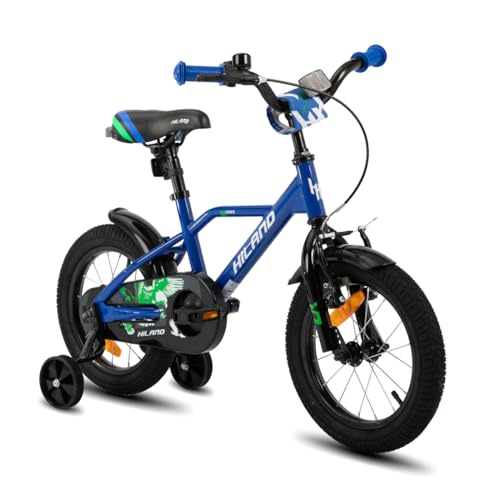 HILAND 14 Zoll Kinderfahrrad für Jungen 3 4 5 Jahre mit Stützrädern, Handbremse und Rücktrittbremse blau von HH HILAND