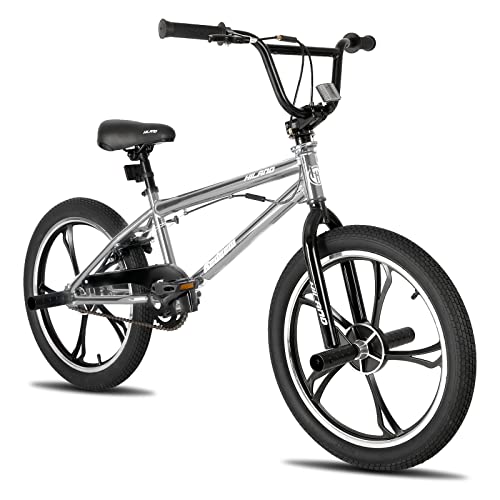 Hiland 20 Zoll 5 Speichen Kinder BMX Fahrrad für Jungen Mädchen ab 7-13 Jahre alt, 360 Grad Rotor Freestyle, 4 Pegs Kinder BMX Fahrrad, Silber von HH HILAND