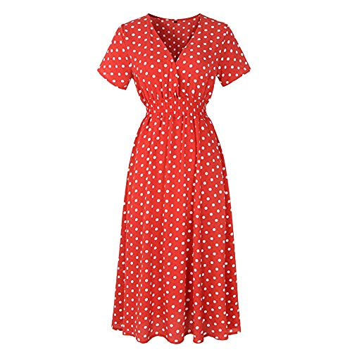 HHKLSF Frühling Und Sommer Chiffon Beach Dress Bedrucktes Kurzarmkleid Mit V-Ausschnitt Böhmisches Kleid - Roter Hintergrund Und Weiße Punkte, XL von HHKLSF