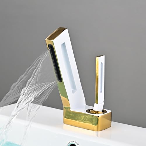 HIARAN Wasserfall-Wasserhähne für Badezimmer-Waschbecken, Einhand-Waschtischarmaturen, Wasserfall-Waschbecken-Mischbatterie, heiß und kalt, Weiß + Gold Lucky Star von HIARAN
