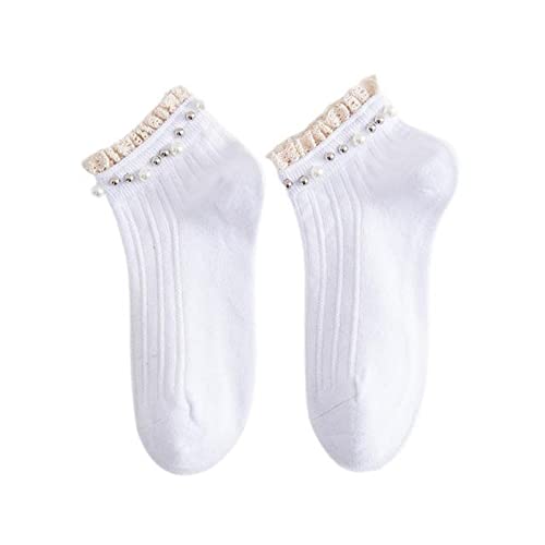 HIHELO Socken, 3 Paar, Retro-Streifen, Spitzen-Socken, niedlich, farblich passend, mehrfarbig mit Perlen, für Mädchen, Bootssocken, Frühling und Sommer, Farbe: Weiß von HIHELO