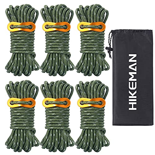 HIKEMAN 5mm Reflektierend Abspannseile Seil - Schnüre Seile Leichte Abspannleine Zeltschnur mit Aluminum Seilspanner für Zelt Zeltplane Camping (Armeegrün) von HIKEMAN