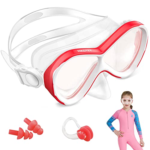 HIKOTEY Taucherbrille Kinder (4-12 Jahre), Kid Taucherbrille Tauchmaske mit Ohrstöpsel & Nasenklammern Mitgeliefert, Verstellbares Silikonband, Anti-Leck Schnorchelmaske für Kinder, Mädchen - Rot von HIKOTEY