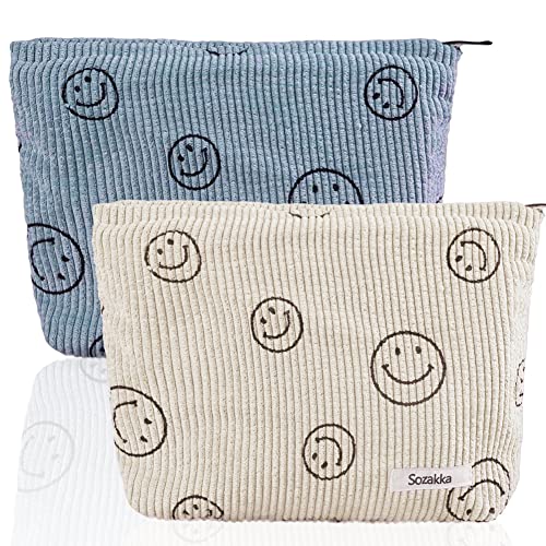 2 Stück Smile Face Kord Make up Taschen, Kosmetiktasche Klein mit Reißverschluss für Handtasche, Corduroy Smile Kosmetiktasche, Waschtasche für Reisen Damen (Weiß+Blau) von HIMS