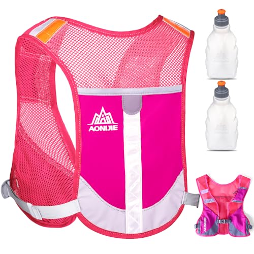 HINATAA Laufrucksack, leicht, Trinkrucksack, 5 l, 230 g, Laufen, Trinkweste für Damen und Herren, zum Radfahren, Laufen, Camping, Wandern (Rosa mit 2 Wasserflaschen) von HINATAA