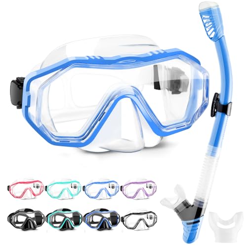 HINATAA Schnorchelset Erwachsene, Taucherbrille mit Silikonschnorchel, Anti-Fog PC Linsen Tauchmasken, 180° Schnorchelmaske, Anti-Percolation Dry Schnorchelset Frauen Männer (Weiß Blau) von HINATAA