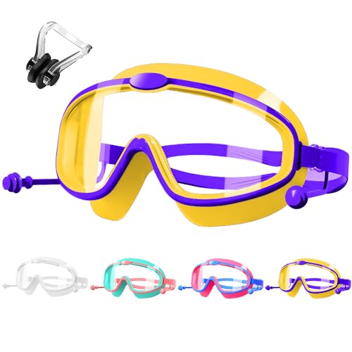 HINATAA Schwimmbrille Kinder,Antibeschlag Schwimmbrillen mit Nasenklammer,Swimming Goggles mit Integriertem Ohrstöpsel,Taucherbrille für Jungen Mädchen 3-8 Jahren, UV-Schutz,Kein Leck (Gelb) von HINATAA