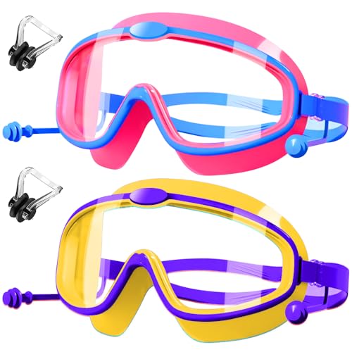 HINATAA Schwimmbrille Kinder,Antibeschlag Schwimmbrillen mit Nasenklammer,Swimming Goggles mit Integriertem Ohrstöpsel,Taucherbrille für Jungen Mädchen 3-8 Jahren, UV-Schutz,Kein Leck (Rot+Gelb) von HINATAA