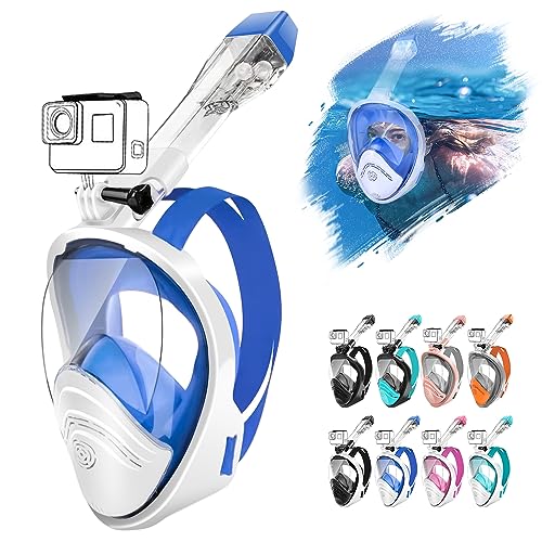 HINATAA Tauchermaske,Schnorchelmaske,180° Anti-Fog Lecksichere Schnorchelset,Kameras Kompatible Taucherbrille,Doppelte schwimmende Kugel Vollgesichts Snorkeling Mask Erwachsene Kinder (S/M, Blau) von HINATAA