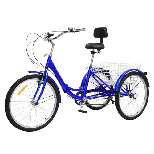 HINOPY 24 Zoll Dreirad für Erwachsene, 7-Gang Klapprad 3-Rad Fahrrad Senioren Shopping Tricycle mit Rückenlehne und Einkaufskorb für ältere Menschen Entwickelt (Blau) von HINOPY