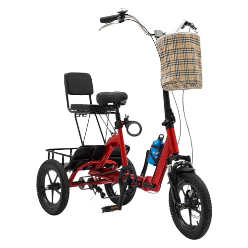 HINOPY Klappbares Dreirad, 14 Zoll Dreirad für Erwachsene 1 Gang Tricycle 3 Räder Bike mit Abnehmbaren Vorderen und Hinteren Aufbewahrungskörbe Adult Tricycle (Rot) von HINOPY