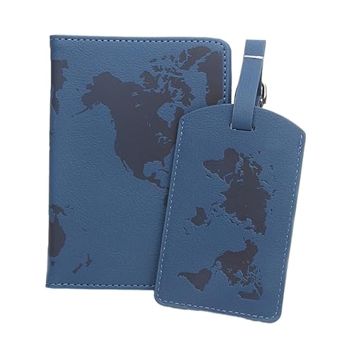 Multifunktionale Reisebrieftasche mit Weltkarte, PU-Reisepasshülle und Gepäcketiketten-Set zur sicheren Aufbewahrung Ihrer Habseligkeiten, blau von HIOPOIUYT