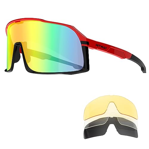 HITWAY Polarisierte Fahrradbrille mit 4 austauschbaren Gläsern, UV400-Schutz, Sportbrille für Herren und Damen, Fahrradbrille, Sport-Sonnenbrille, Radfahren, Fahren, Laufen, Baseball von HITWAY